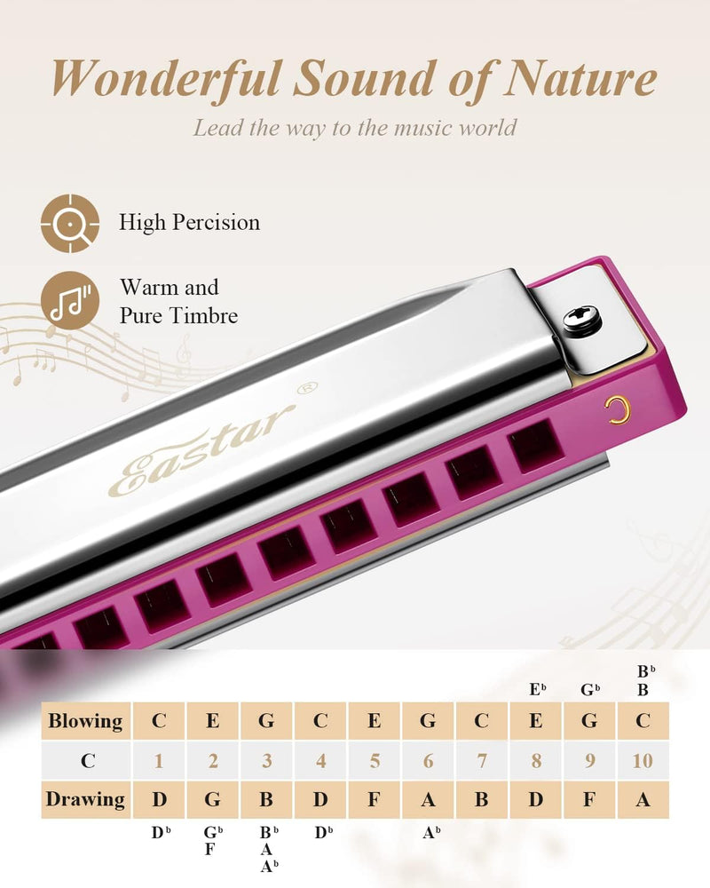 Eastar Major Blues Diatonic Harmonica, 10 Holes C Key Beginner Harmonica for Kids Children Adults Students, with Hard Case and Cloth, Pink