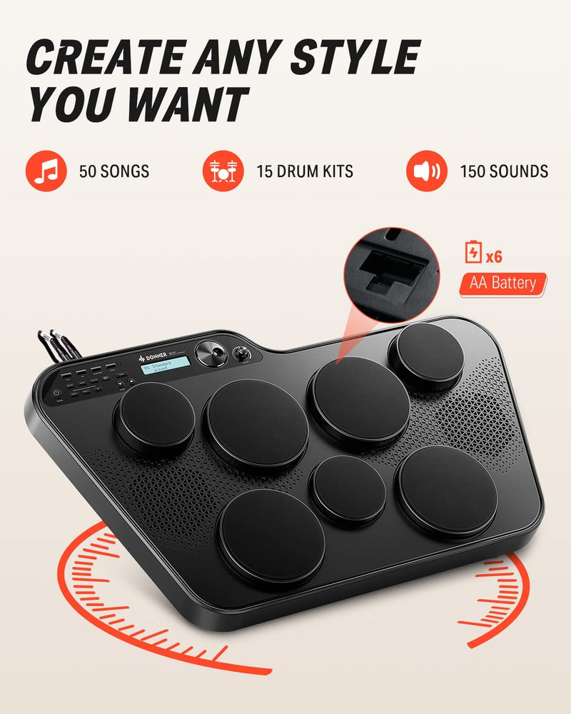 Donner DED-60T Portable Electronic Drum Pad, Upgraded with 50 Songs and 15 Drum Kits