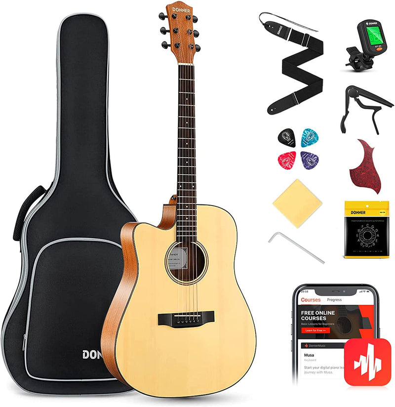 Donner DAG-1CL Cutaway 41-Inch Full-Size Acoustic Guitar Beginner Kit Left Handed, Natural Finish