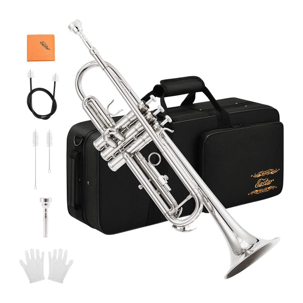 Eastar ETR-380N Trumpet Standard Student Bb Trumpet Set with 7C Mouthpiece,White Gloves,Cloth,Valve Oil,Cleaning Suit,Hard Case,Nickel - Donner music-AU